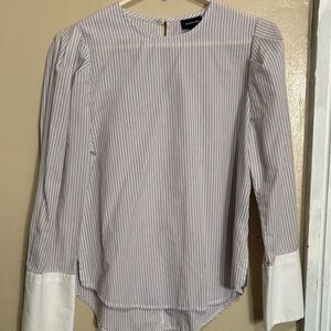 Who What Wear Blue and Tan Striped Blouse